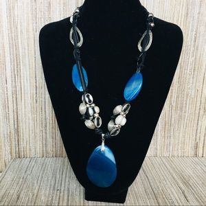 New 18K White GP Statement Blue Agate Necklace